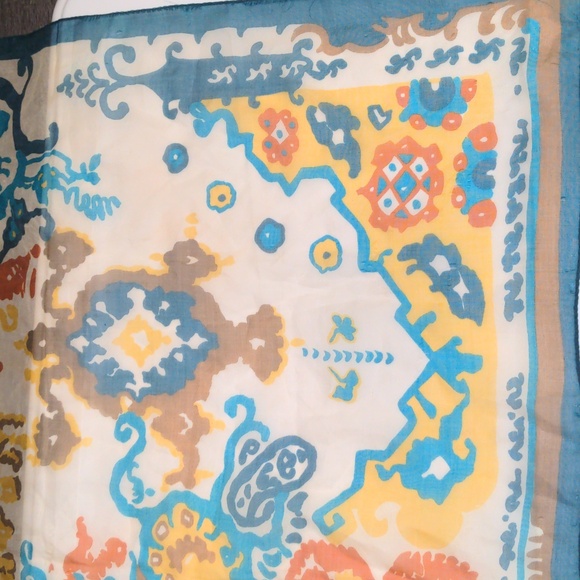 Vintage 70s Teal & Brown Scarf Sheer Aztec Print Western Boho Bandana - Picture 3 of 8